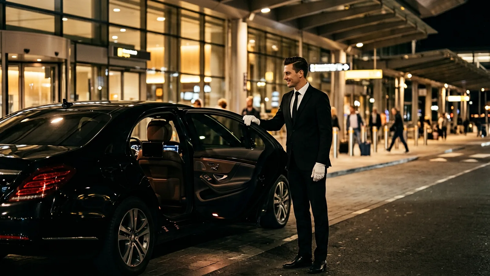 Chauffeur standing beside a luxury black vehicle at an airport