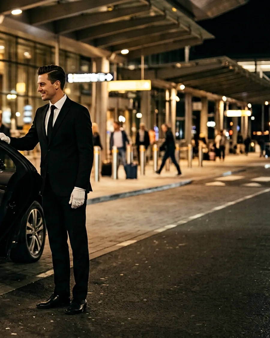 Professional chauffeur assisting a passenger beside a luxury vehicle