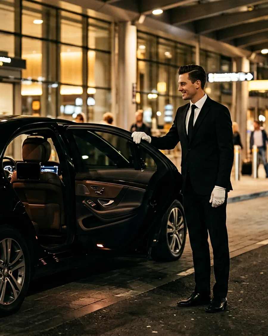 Professional chauffeur in a black suit opening the rear door of a luxury sedan