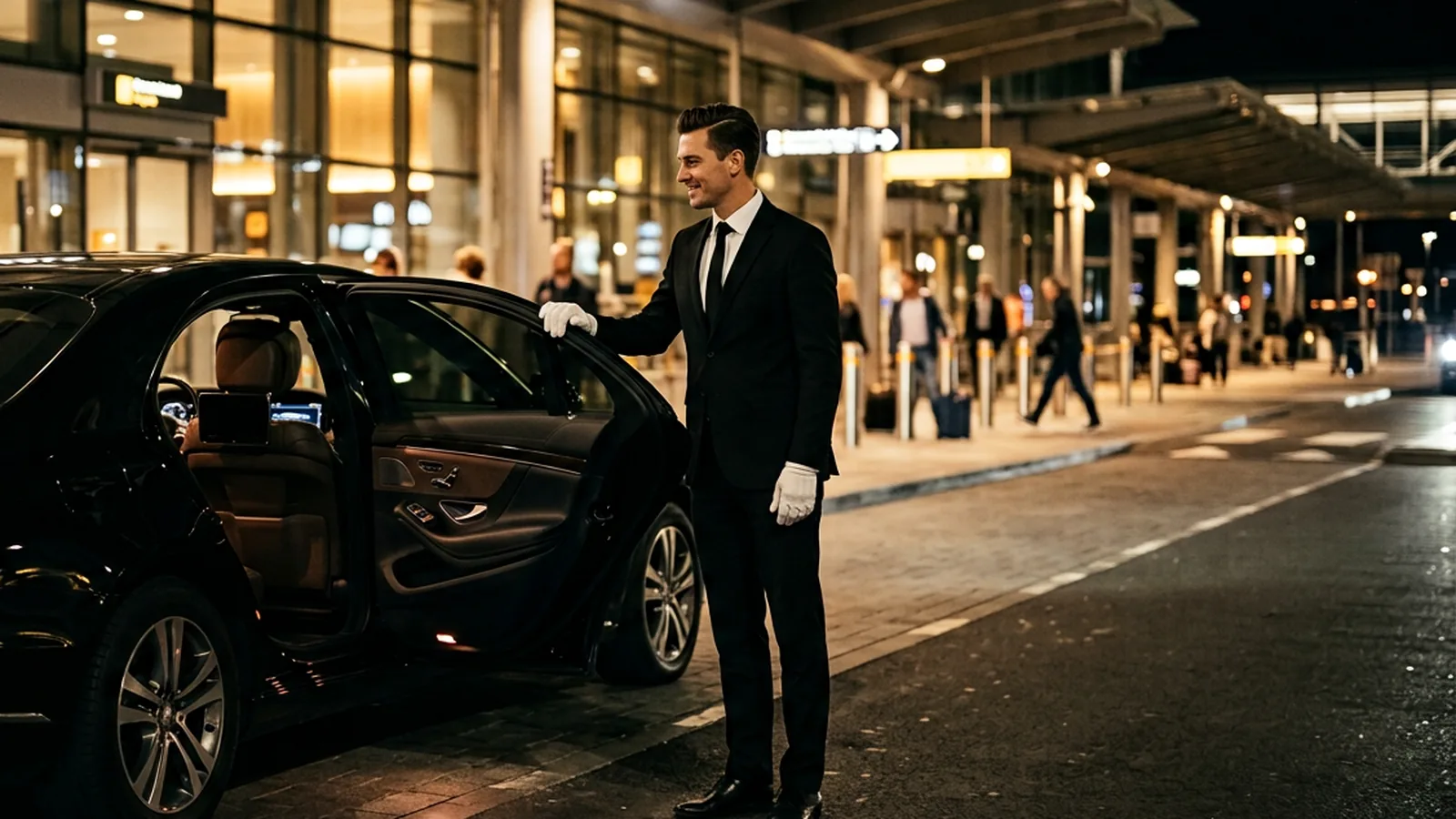 Chauffeur opening the door of a luxury black car outside an airport terminal