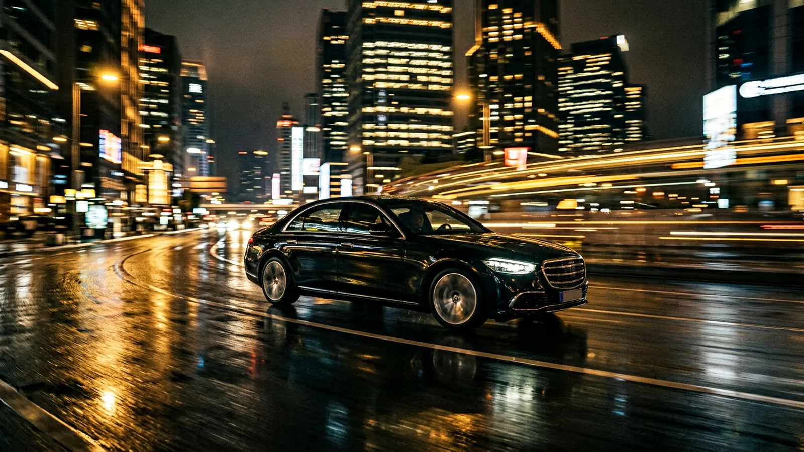Black luxury sedan on a city street at night, headlights glowing