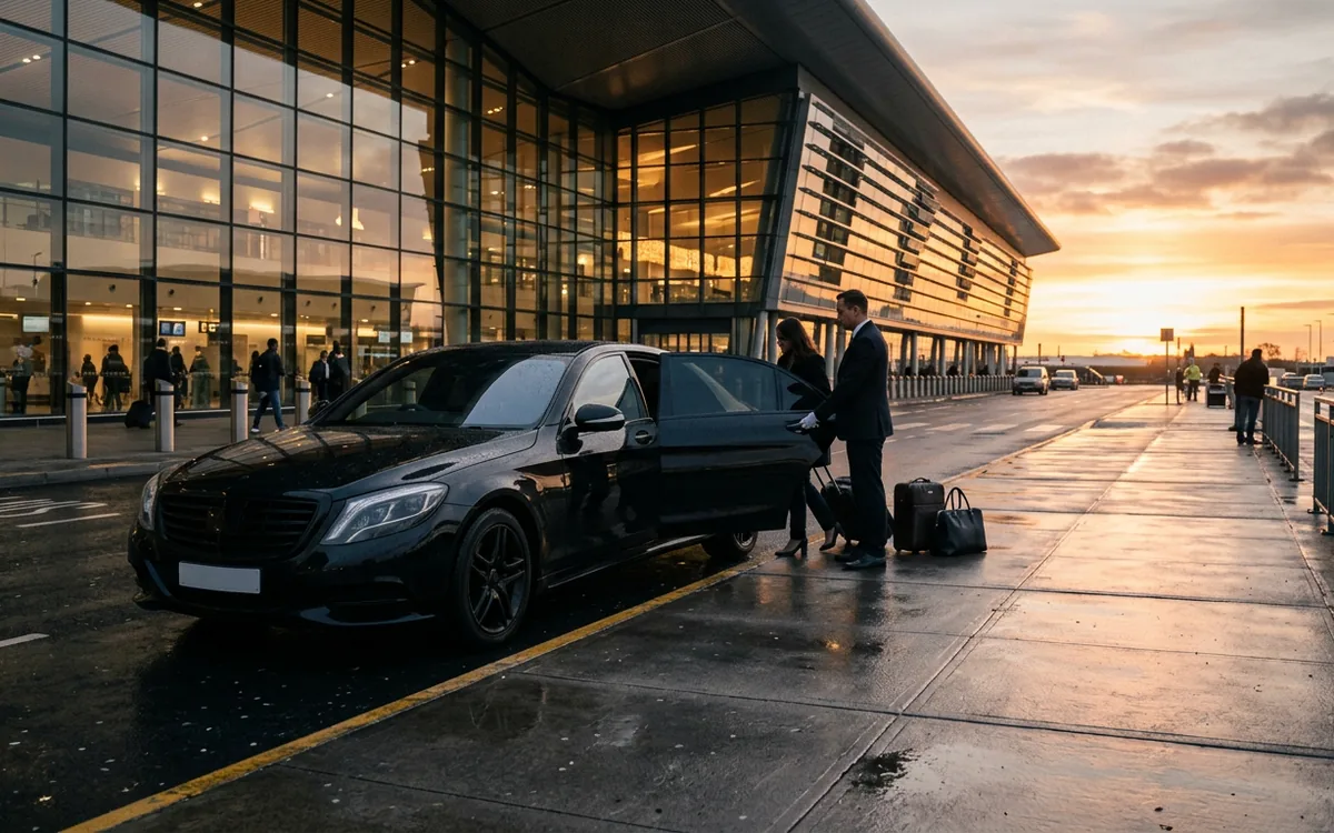 Luxury black vehicle at the departures curb of an airport terminal