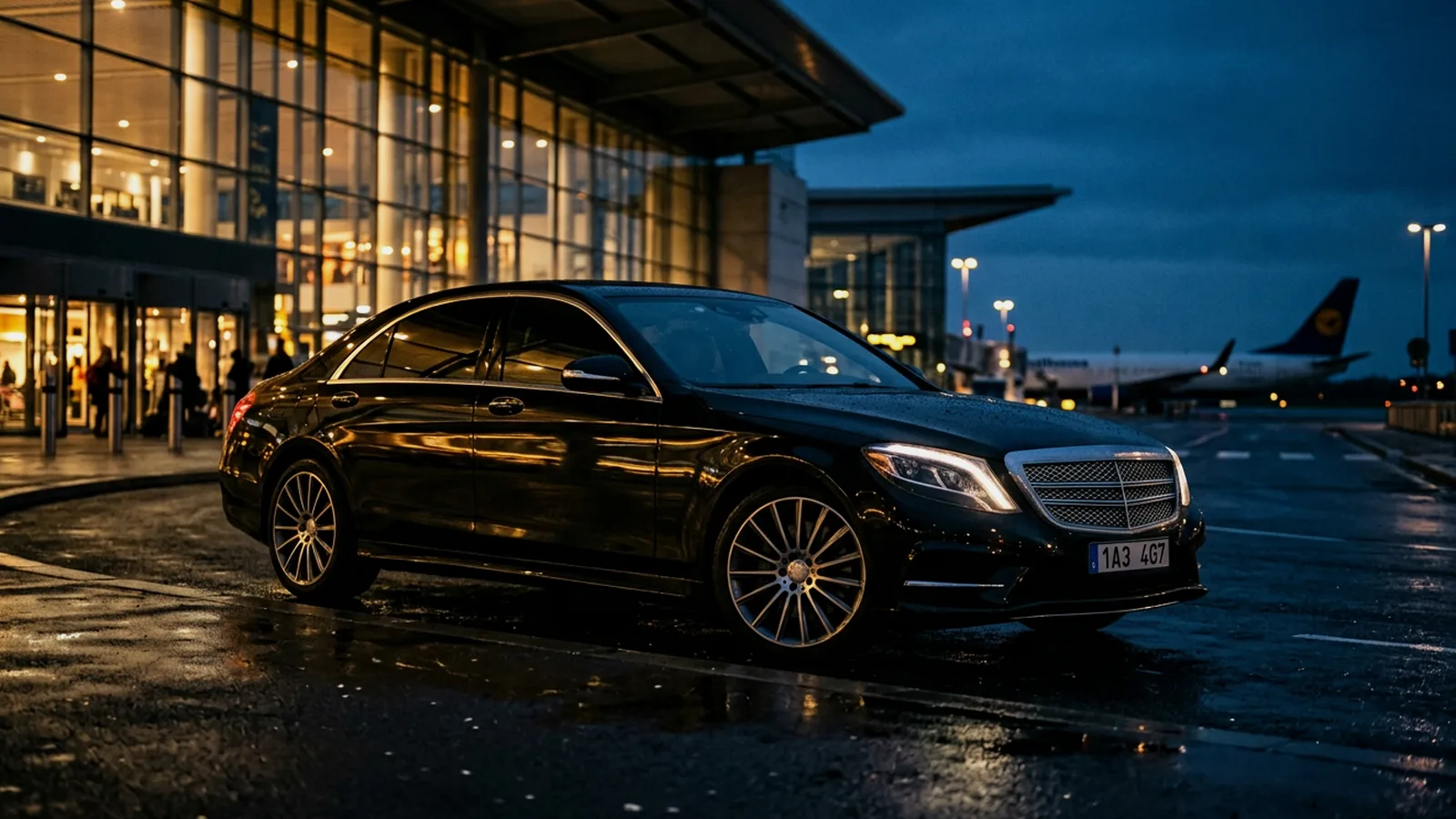 Luxury vehicle waiting outside an airport terminal at night