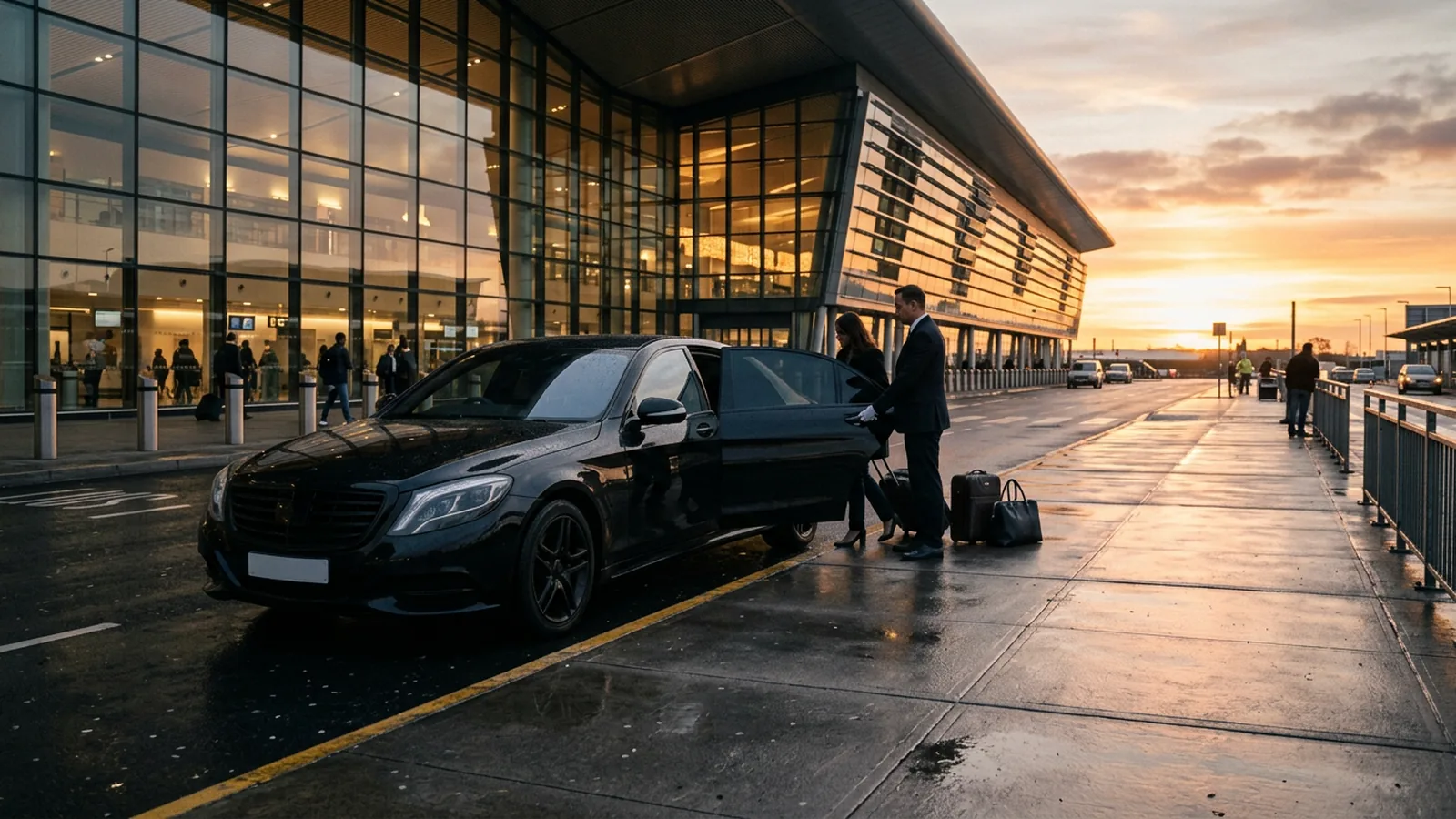 Line-up of premium black vehicles for luxury airport transfers