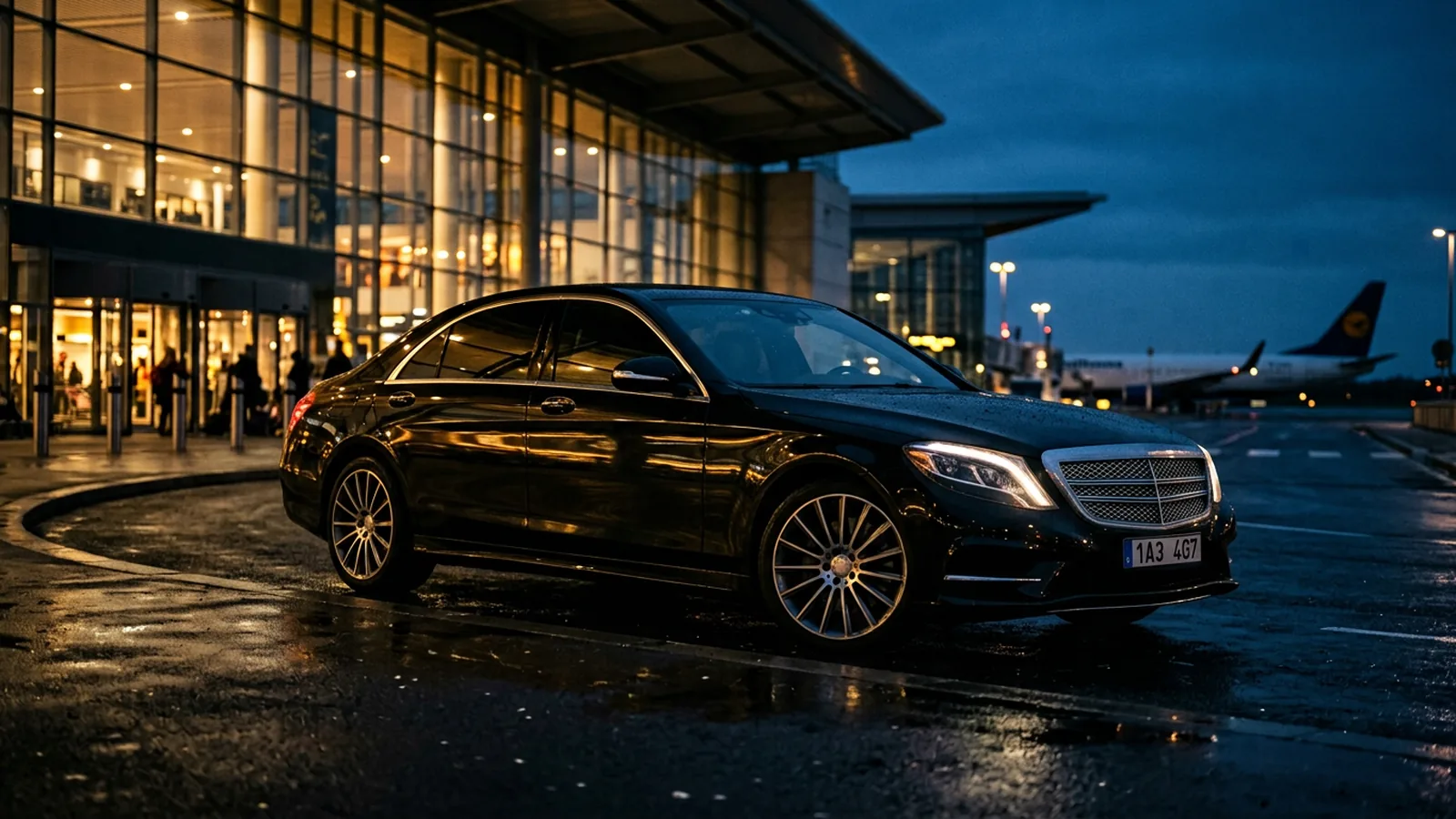 Black luxury executive sedan waiting outside an airport terminal at dusk