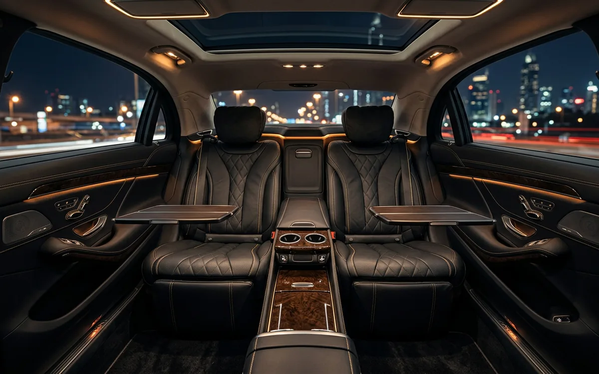Luxury vehicle rear cabin with quilted leather seating and ambient lighting