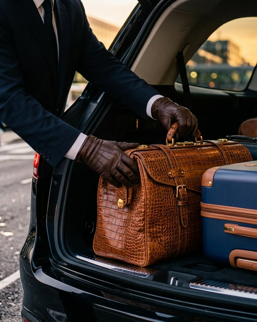 Chauffeur loading passenger suitcases into the trunk of a luxury vehicle at the airport