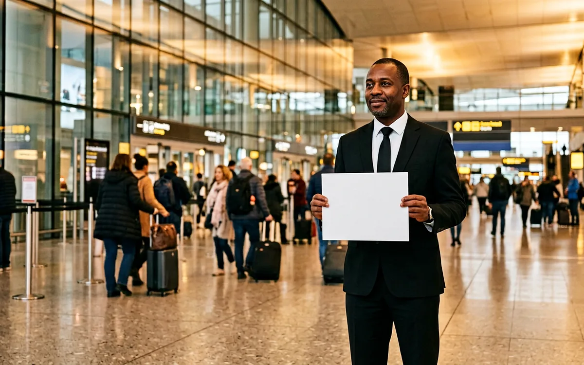 Chauffeur meeting an arriving passenger inside an airport terminal