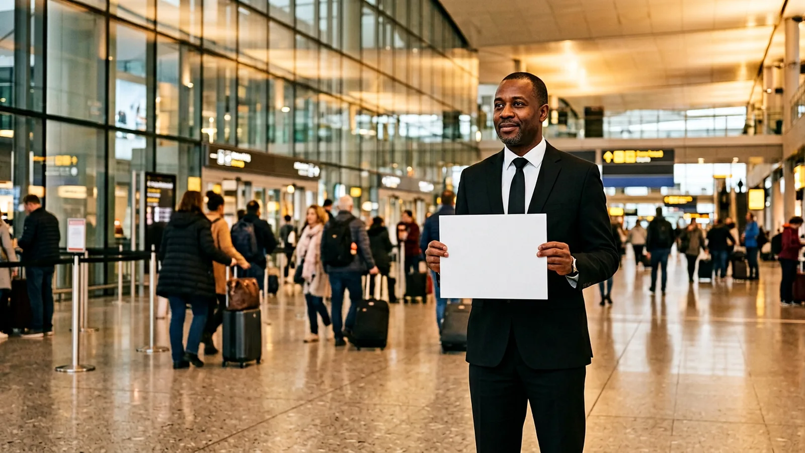Chauffeur waiting in an airport arrivals hall to meet a passenger